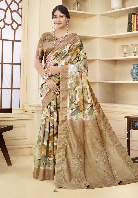 Brown Embroidered Silk Saree Set — view on Indya