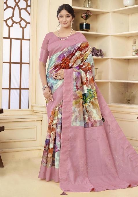 Pink Embroidered Silk Saree Set