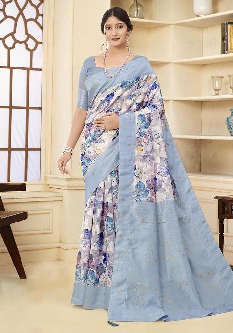 Blue Embroidered Silk Saree Set
