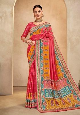 Red Printed Crepe Saree Set