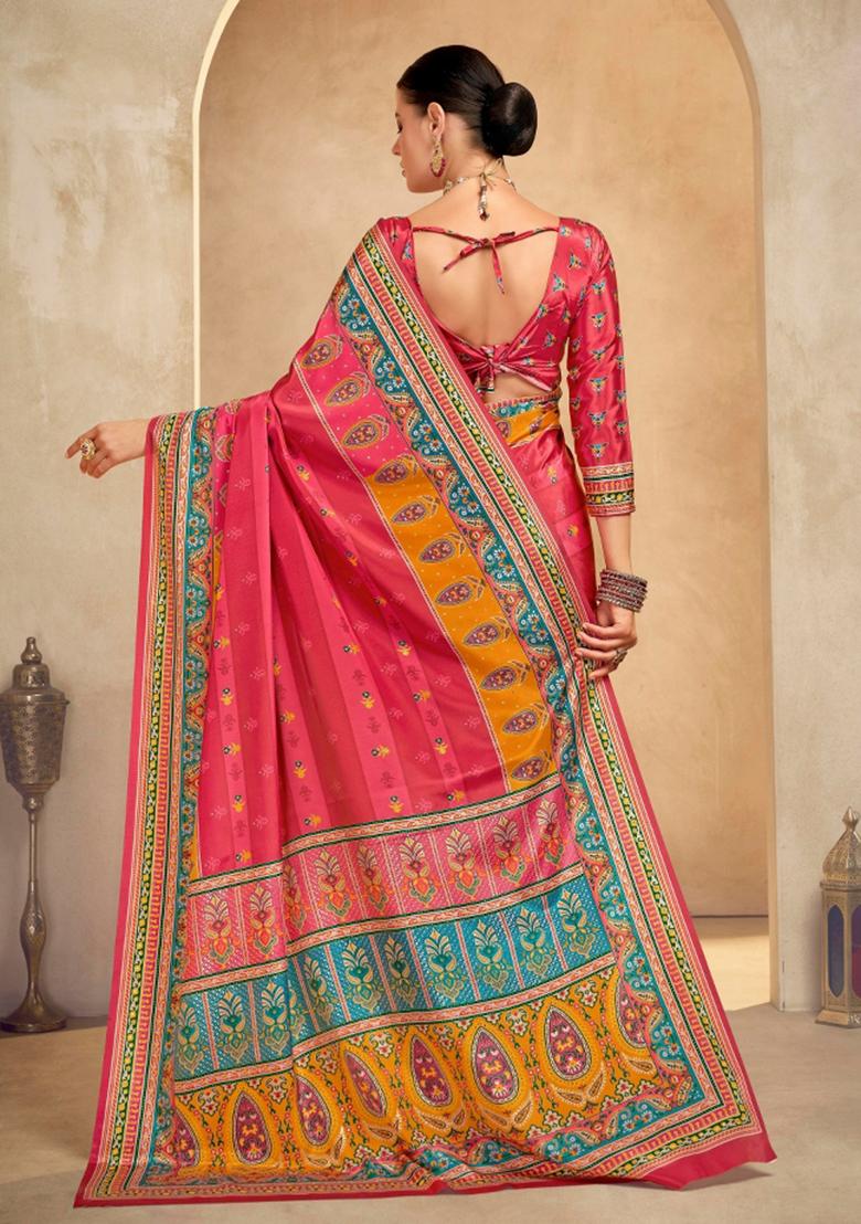 Red Printed Crepe Saree Set