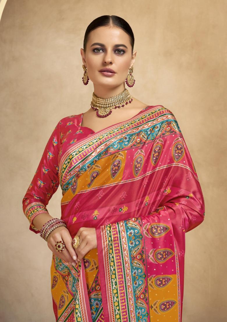 Red Printed Crepe Saree Set