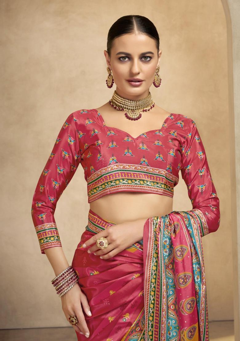 Red Printed Crepe Saree Set