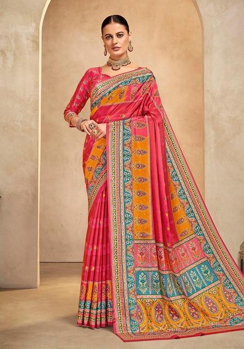 Red Printed Crepe Saree Set