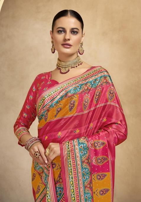 Red Printed Crepe Saree Set