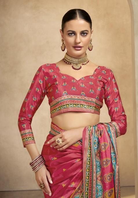 Red Printed Crepe Saree Set