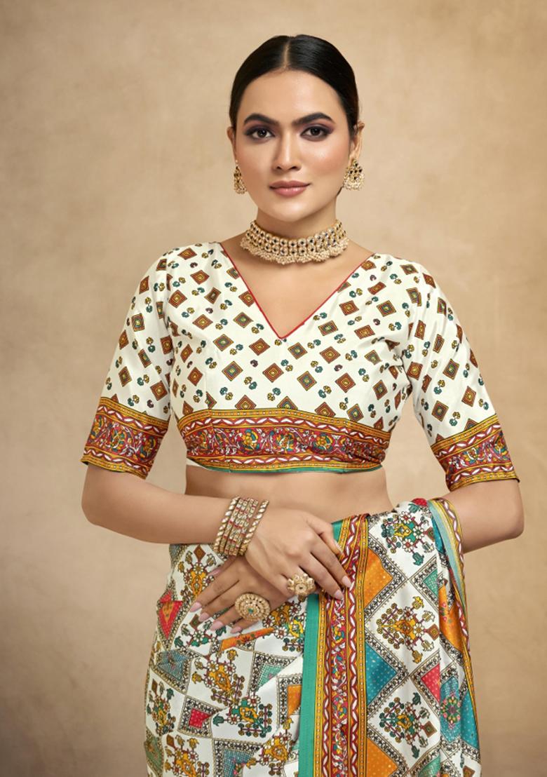 Multi Printed Crepe Saree Set - Indya