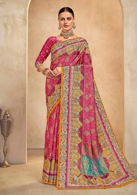 Pink Printed Crepe Saree Set