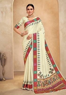 Beige Printed Crepe Saree Set