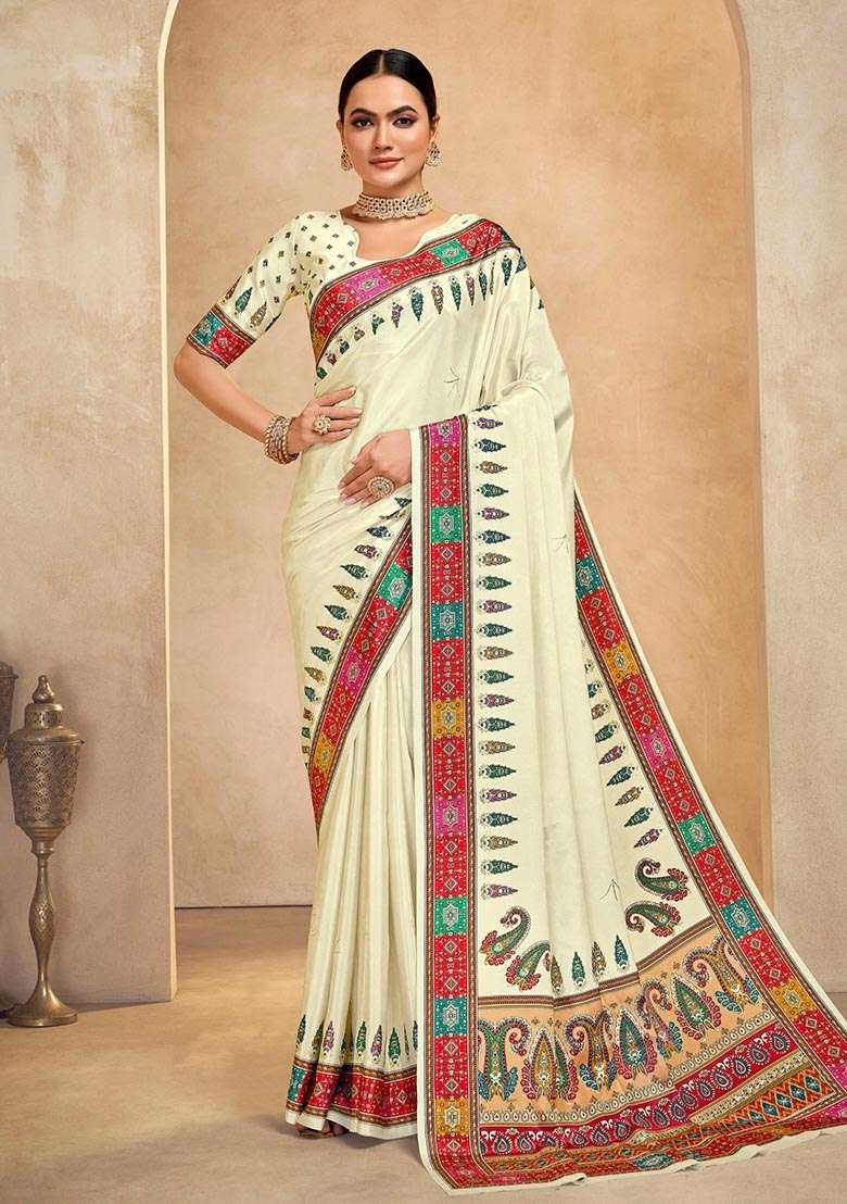 Beige Printed Crepe Saree Set for Diwali and Festive Wear - Indya