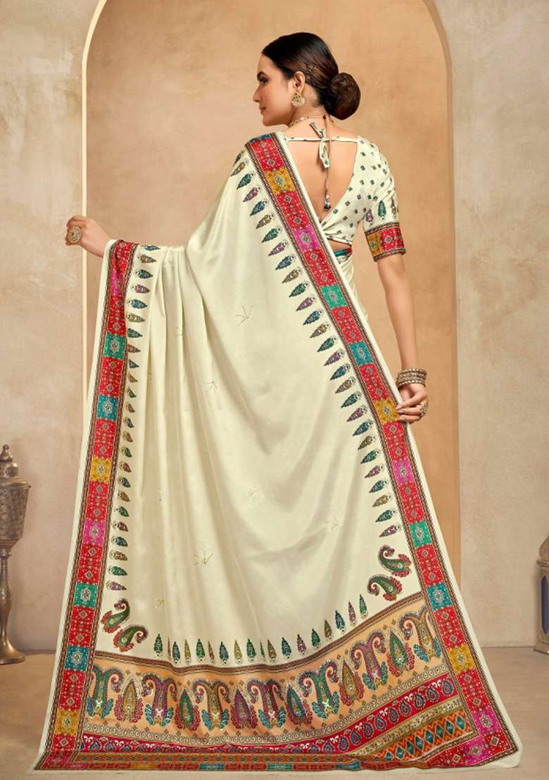 Beige Printed Crepe Saree Set for Diwali and Festive Wear - Indya