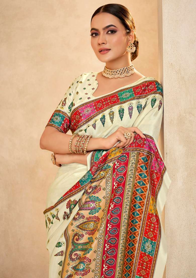 Beige Printed Crepe Saree Set for Diwali and Festive Wear - Indya