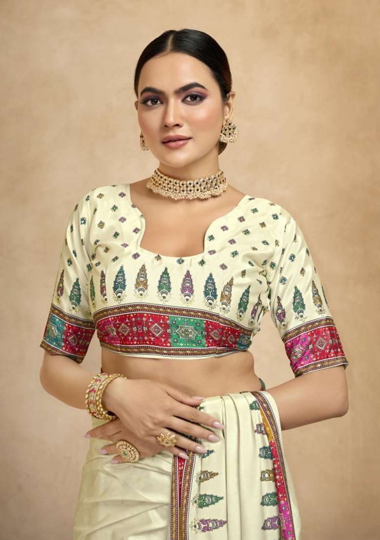 Beige Printed Crepe Saree Set for Diwali and Festive Wear - Indya