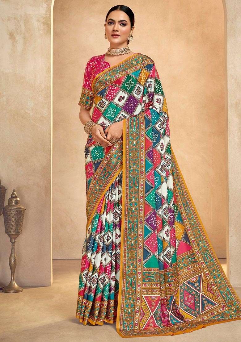 Multi Crepe Saree Set with Printed for Diwali | Wedding & Festive Wear - Indya
