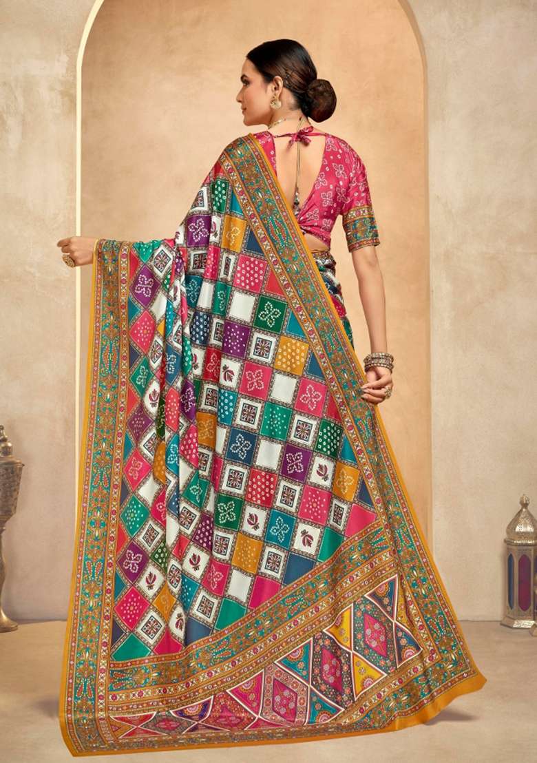 Multi Crepe Saree Set with Printed for Diwali | Wedding & Festive Wear - Indya