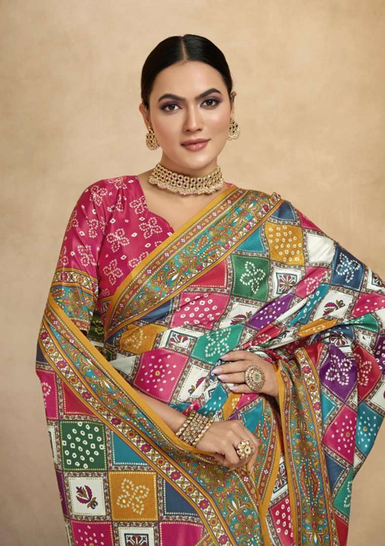 Multi Crepe Saree Set with Printed for Diwali | Wedding & Festive Wear - Indya