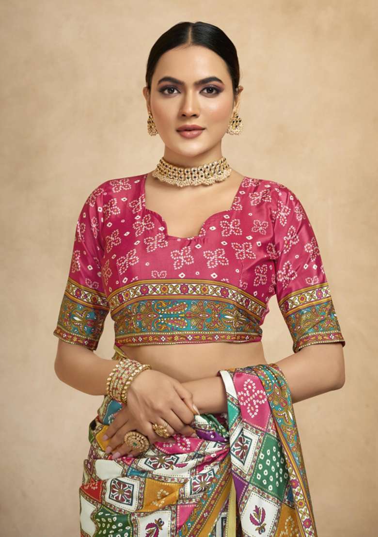 Multi Crepe Saree Set with Printed for Diwali | Wedding & Festive Wear - Indya