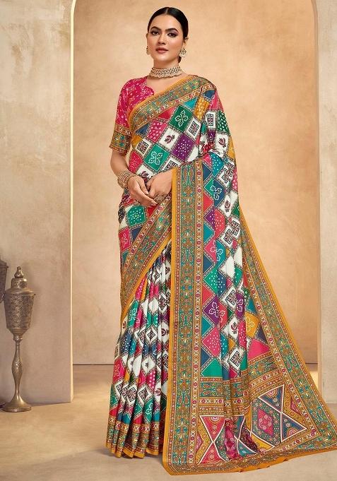 Multi Printed Crepe Saree Set — view on Indya