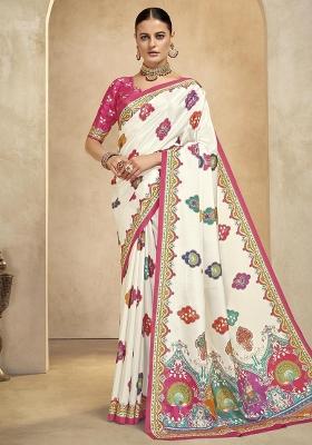 Beige Printed Crepe Saree Set