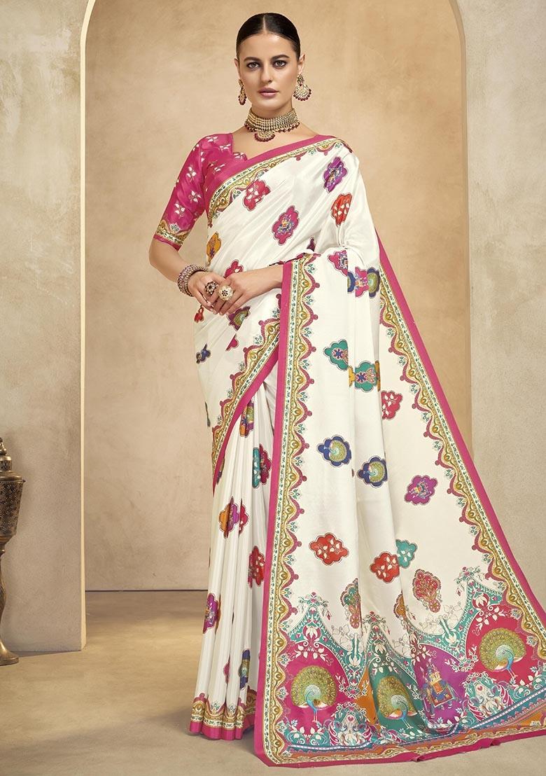 Beige Printed Crepe Saree Set