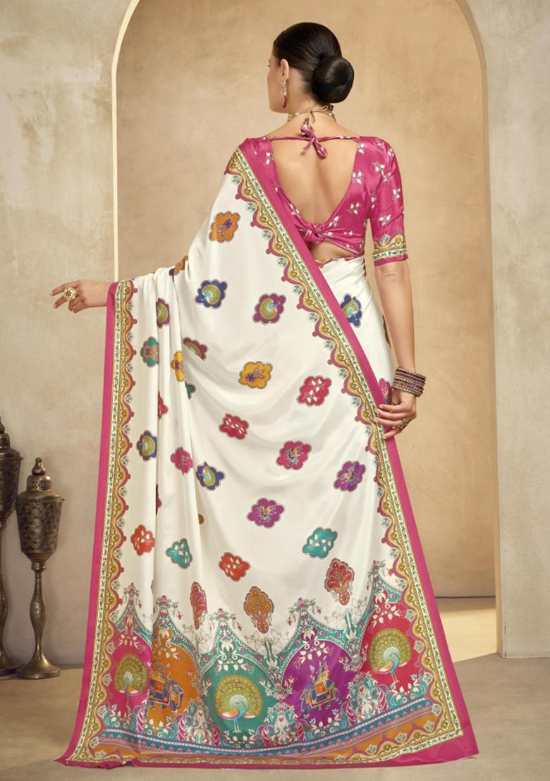 Beige Printed Crepe Saree Set