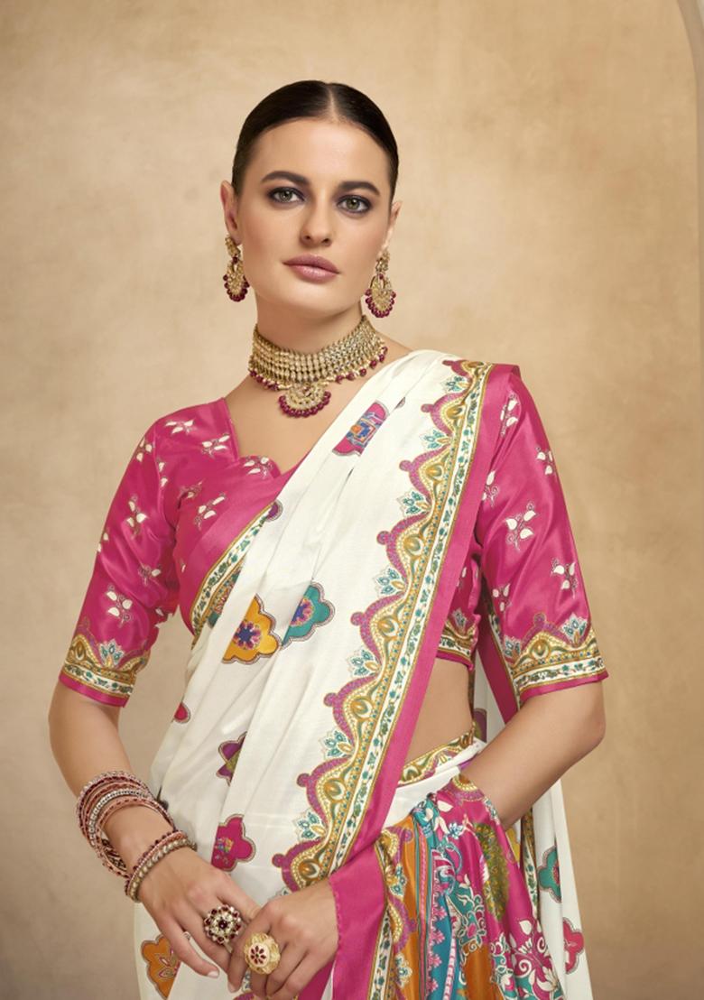 Beige Printed Crepe Saree Set