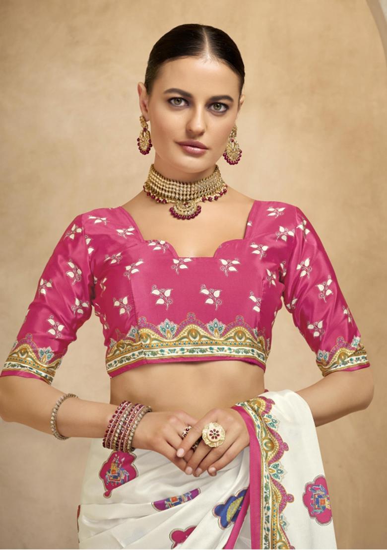 Beige Printed Crepe Saree Set