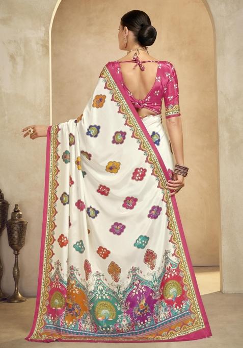 Beige Printed Crepe Saree Set