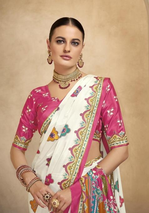 Beige Printed Crepe Saree Set