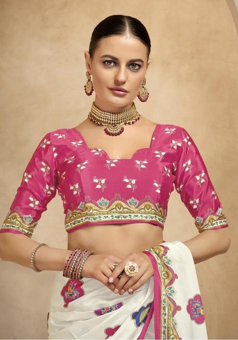 Beige Printed Crepe Saree Set