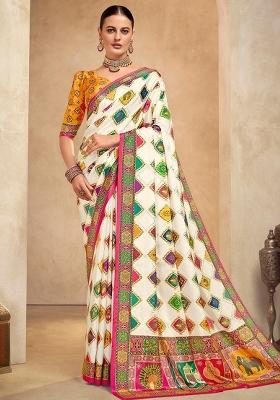 Beige Printed Crepe Saree Set