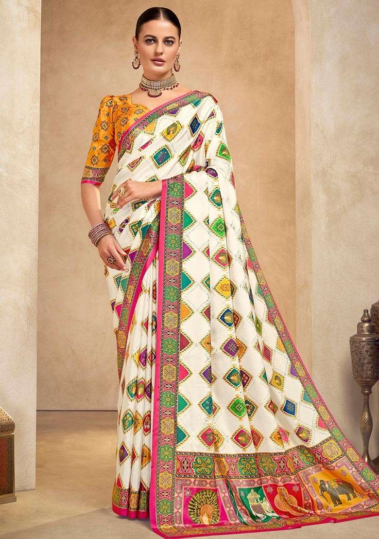 Beige Printed Crepe Saree Set for Diwali and Festive Wear - Indya