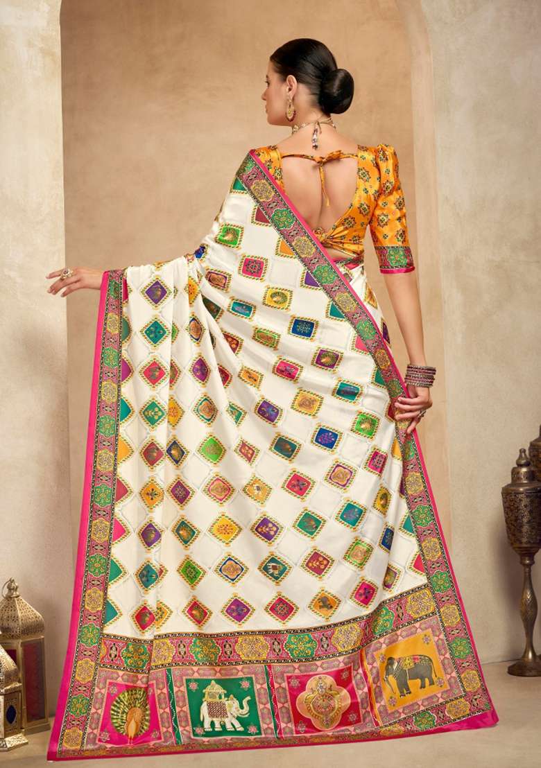 Beige Printed Crepe Saree Set for Diwali and Festive Wear - Indya