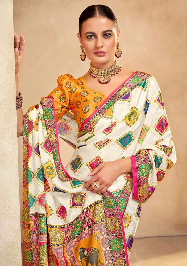 Beige Printed Crepe Saree Set for Diwali and Festive Wear - Indya