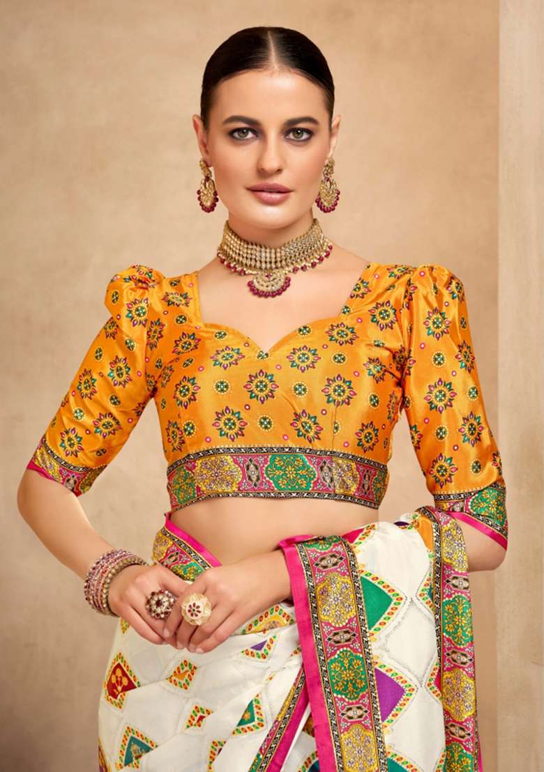 Beige Printed Crepe Saree Set for Diwali and Festive Wear - Indya
