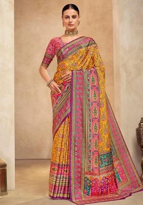 Orange Printed Crepe Saree Set