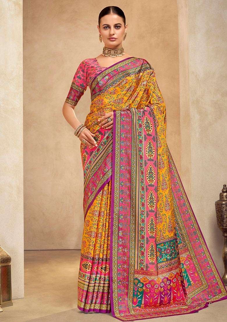 Orange Crepe Saree Set with Printed for Diwali | Wedding & Festive Wear - Indya