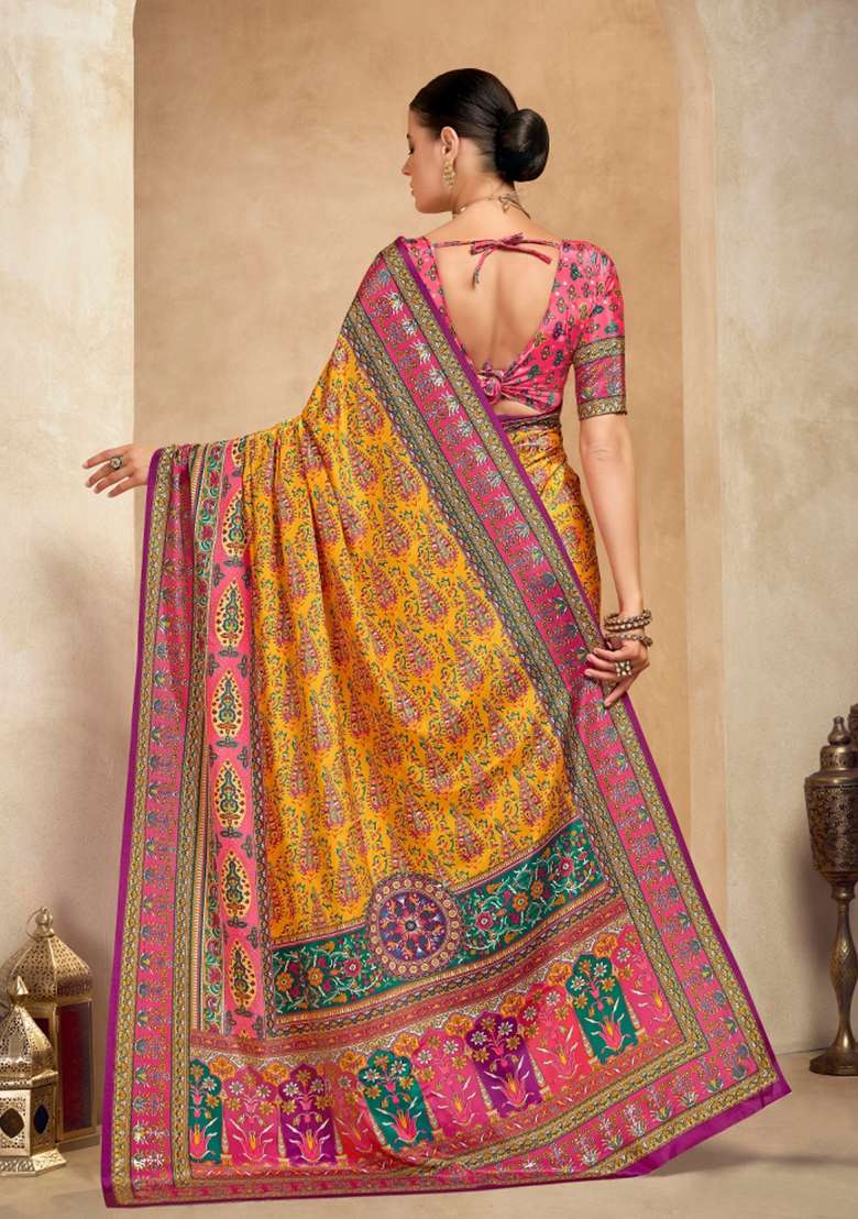 Orange Crepe Saree Set with Printed for Diwali | Wedding & Festive Wear - Indya
