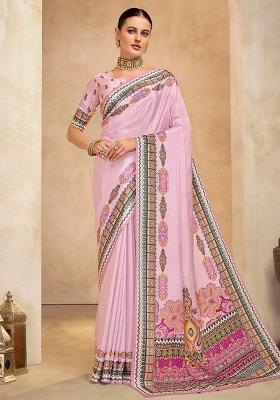 Purple Printed Crepe Saree Set