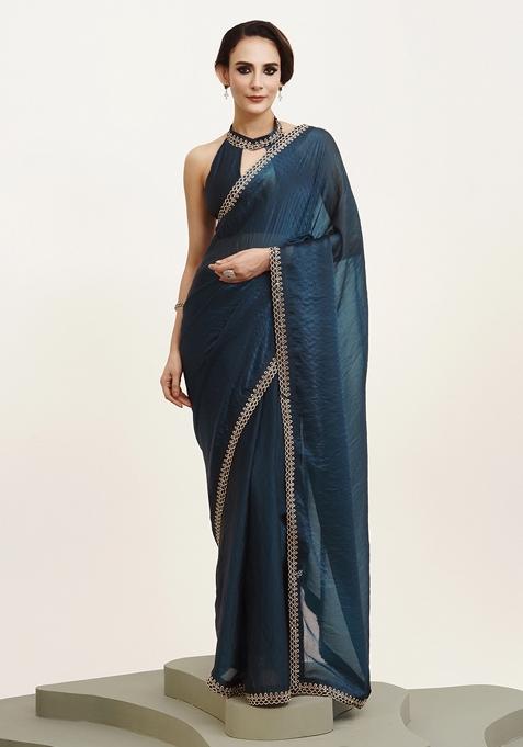 Blue Embroidered Satin Saree Set