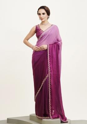 Purple Embroidered Satin Saree Set
