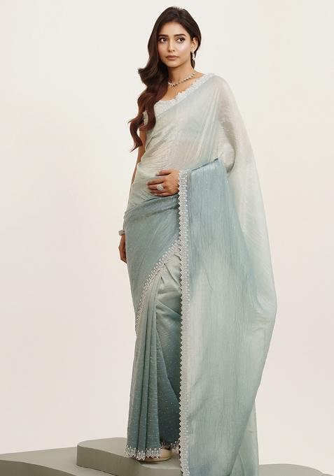 Blue Embroidered Tissue Saree Set — view on Indya