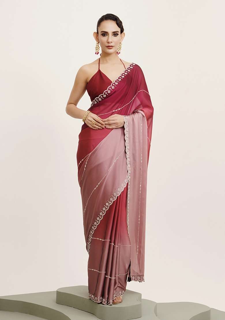 Pink Embroidered Chiffon Saree Set - Indya