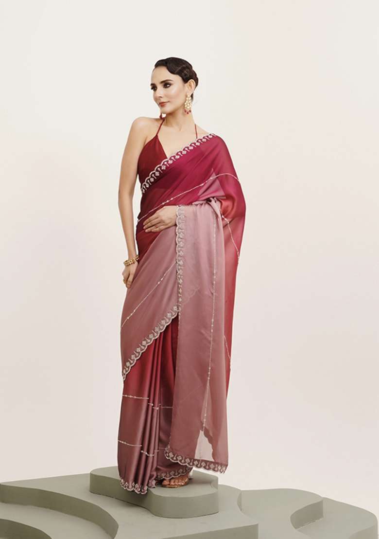 Pink Embroidered Chiffon Saree Set - Indya