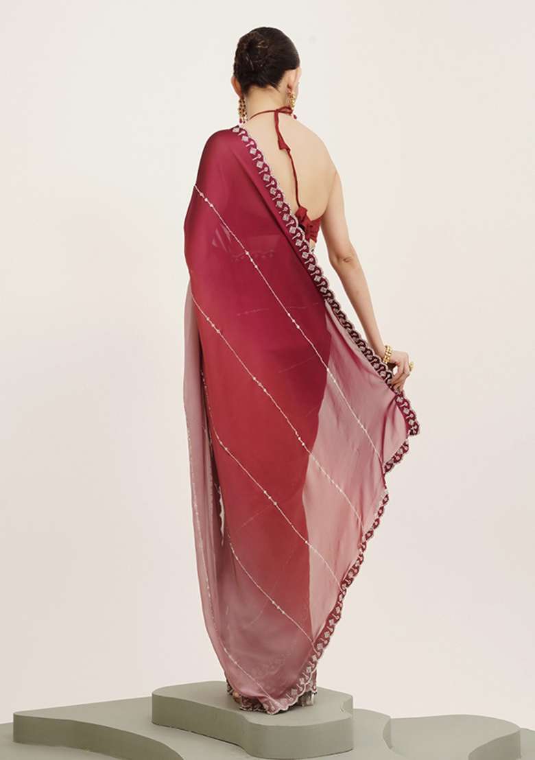 Pink Embroidered Chiffon Saree Set - Indya