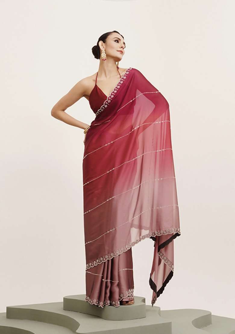 Pink Embroidered Chiffon Saree Set - Indya