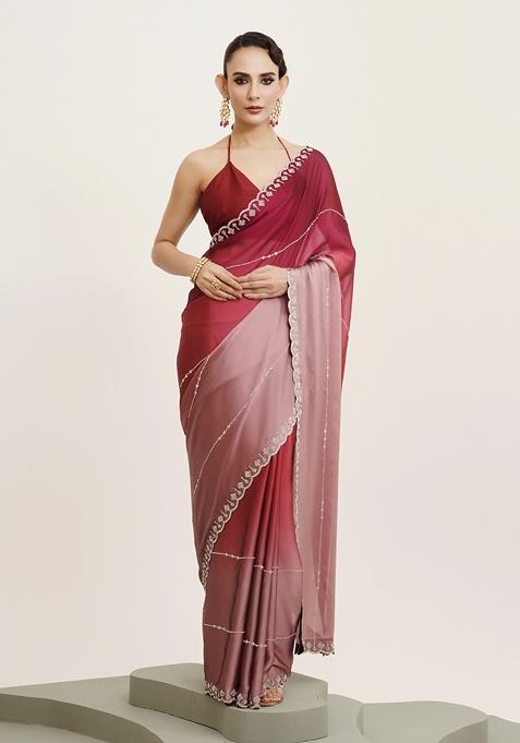 Pink Embroidered Chiffon Saree Set