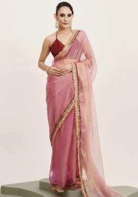Pink Embroidered Tissue Saree Set