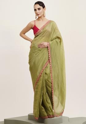 Green Embroidered Tissue Saree Set