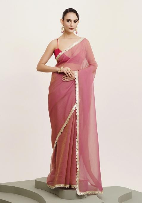 Pink Embroidered Tissue Saree Set